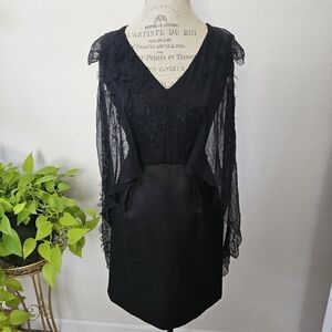 Alberta Ferreti Vintage Black Tissu Fabric Silk sheer feather cape effect sz 4